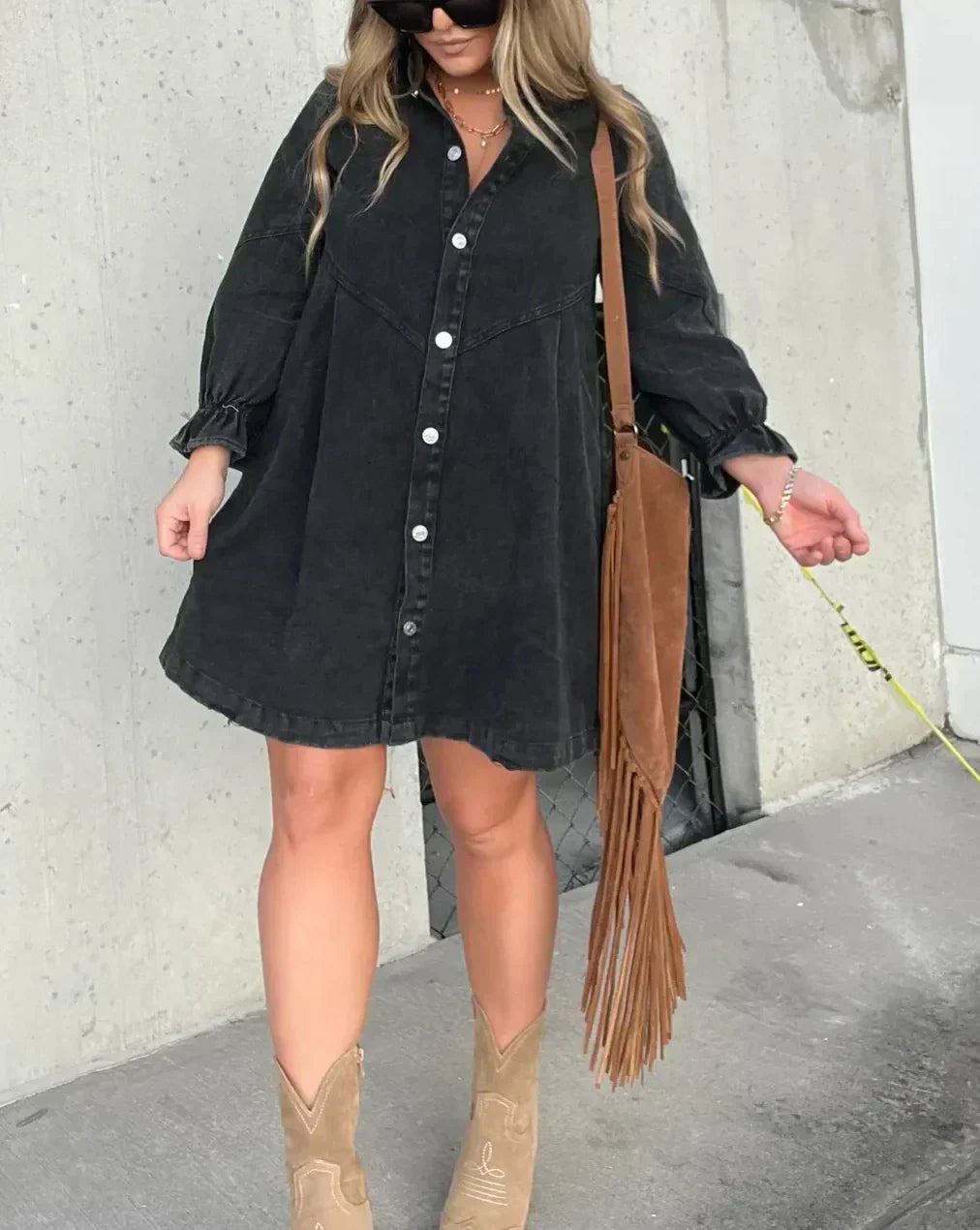 Women’s Denim Mini Dress | Puff Sleeve, Smocked Cuffs 7