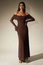 Women's Evening Gown | Off-Shoulder, Sheer Long Sleeves, Floor-Length Formal Dress 0