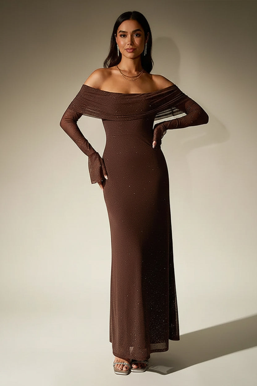 Women's Evening Gown | Off-Shoulder, Sheer Long Sleeves, Floor-Length Formal Dress 0