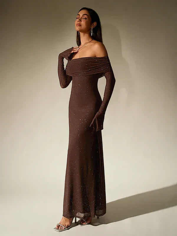 Women's Evening Gown | Off-Shoulder, Sheer Long Sleeves, Floor-Length Formal Dress 1