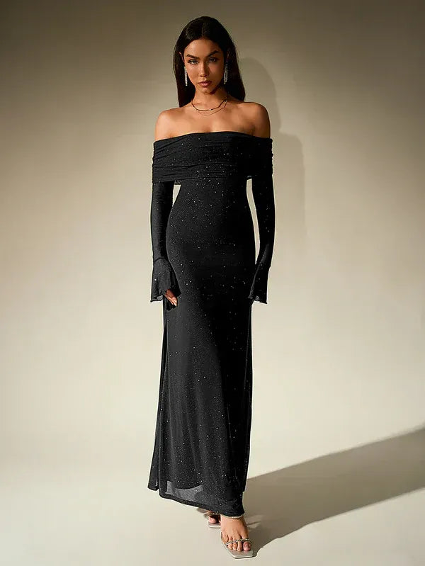 Women's Evening Gown | Off-Shoulder, Sheer Long Sleeves, Floor-Length Formal Dress 4