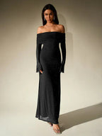 Women's Evening Gown | Off-Shoulder, Sheer Long Sleeves, Floor-Length Formal Dress 4