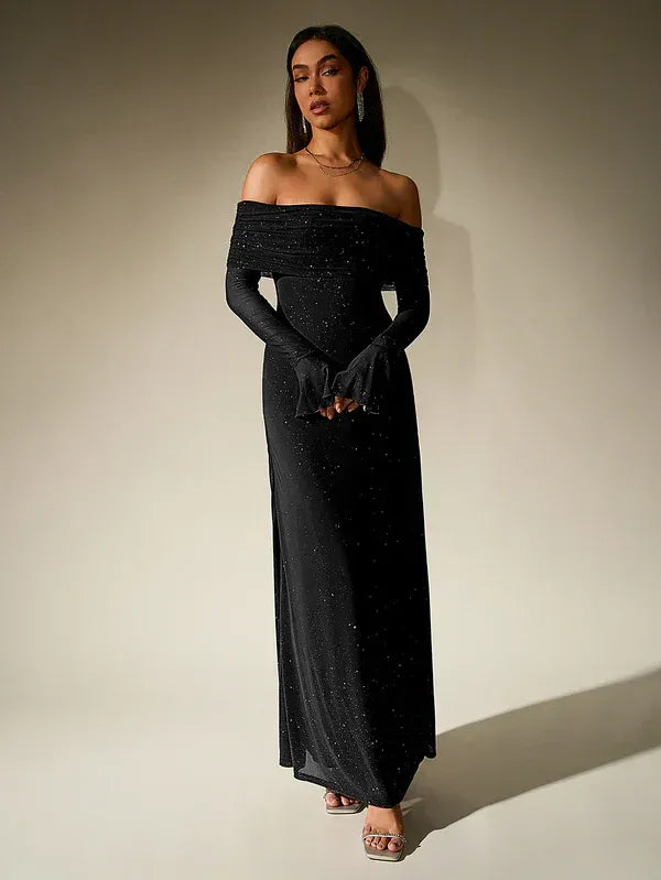 Women's Evening Gown | Off-Shoulder, Sheer Long Sleeves, Floor-Length Formal Dress 6