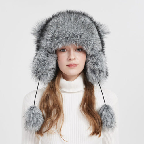 Women's Faux Fur Beanie Hat | Cozy Winter Accessory with Side Pom Poms 0