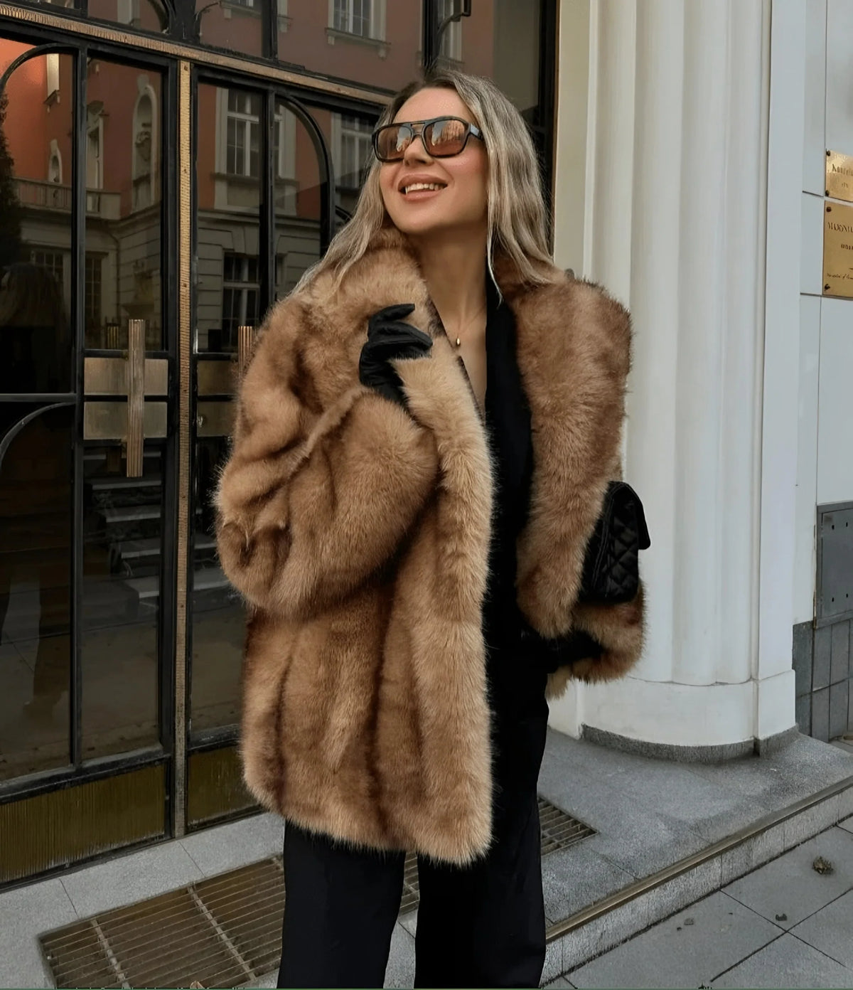 Women's Faux Fur Coat | Hip Length, Wide Notch Collar, Golden Sable Tone 0