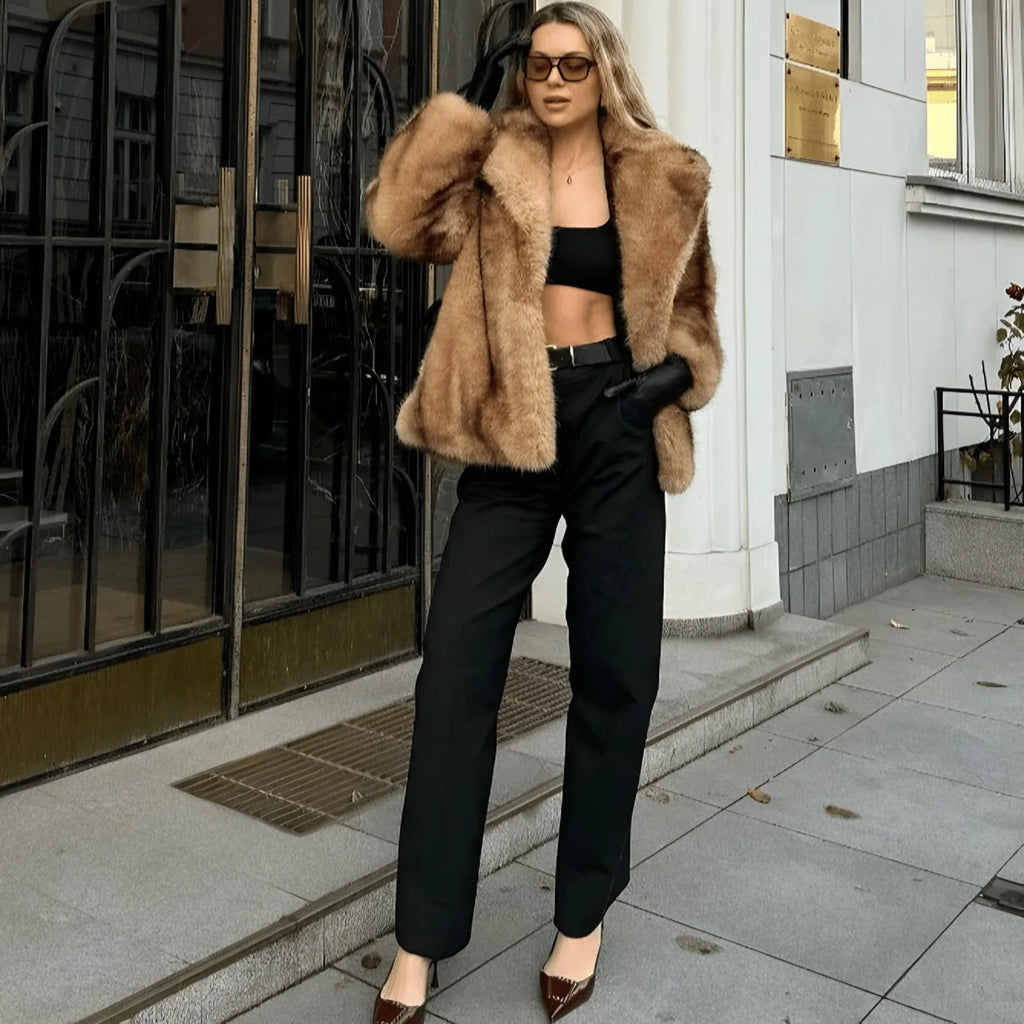 Women's Faux Fur Coat | Hip Length, Wide Notch Collar, Golden Sable Tone 1