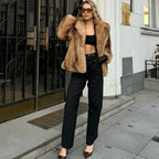 Women's Faux Fur Coat | Hip Length, Wide Notch Collar, Golden Sable Tone 1