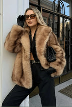 Women's Faux Fur Coat | Hip Length, Wide Notch Collar, Golden Sable Tone 2