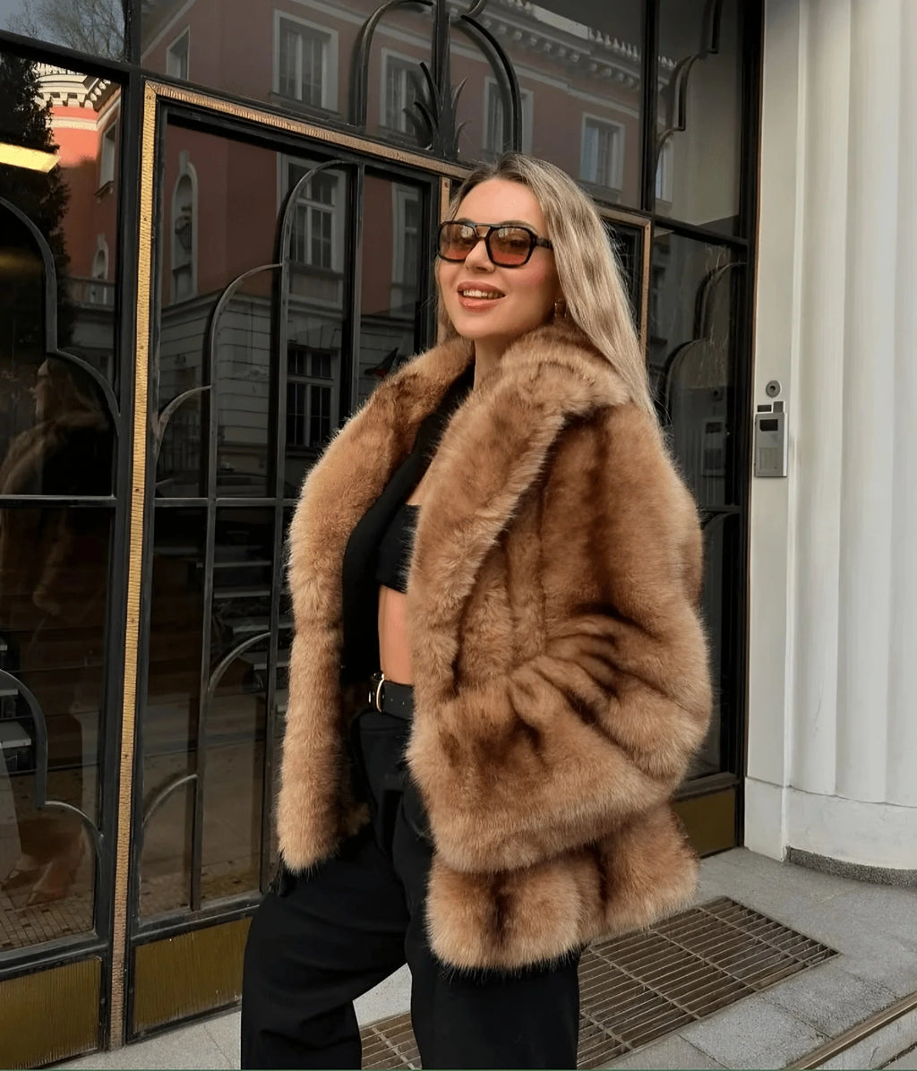 Women's Faux Fur Coat | Hip Length, Wide Notch Collar, Golden Sable Tone 3
