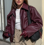 Women's Faux Leather Bomber Jacket | Oversized Fit, Classic Collar 0