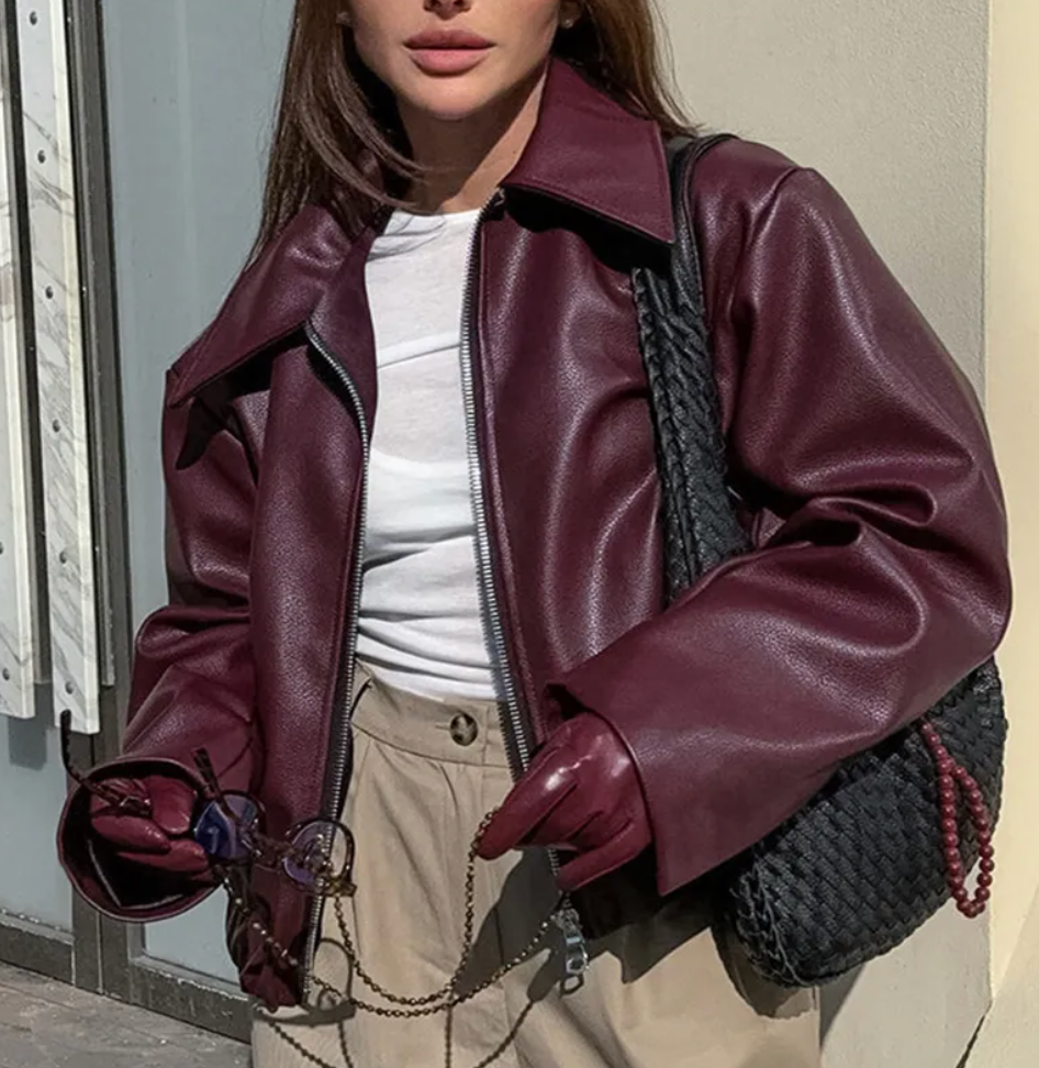 Women's Faux Leather Bomber Jacket | Oversized Fit, Classic Collar 0