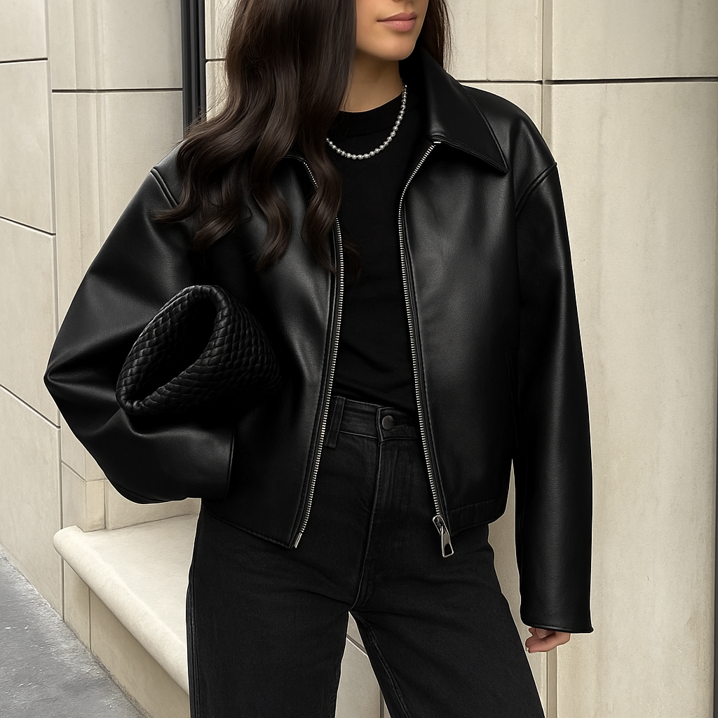 Women's Faux Leather Bomber Jacket | Oversized Fit, Classic Collar 1