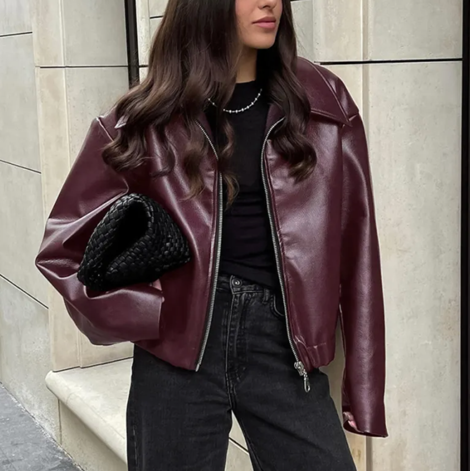 Women's Faux Leather Bomber Jacket | Oversized Fit, Classic Collar 2