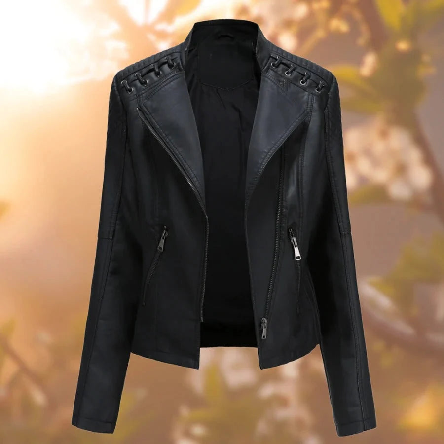 Women's Fitted Biker Jacket | Quilted Shoulders, Laced Detail, Asymmetric Zip 0