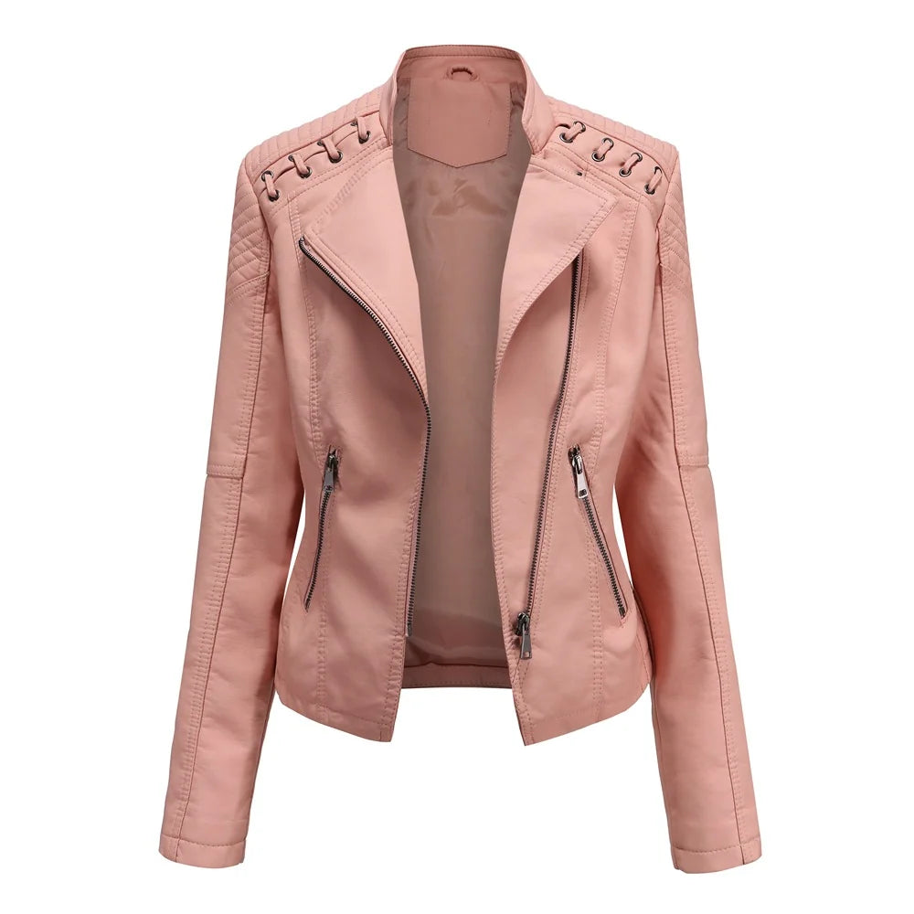 Women's Fitted Biker Jacket | Quilted Shoulders, Laced Detail, Asymmetric Zip 2