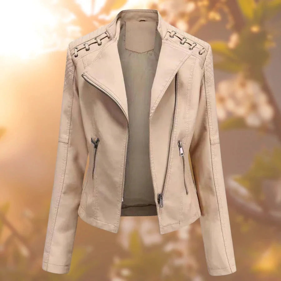 Women's Fitted Biker Jacket | Quilted Shoulders, Laced Detail, Asymmetric Zip 3