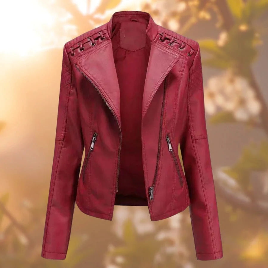 Women's Fitted Biker Jacket | Quilted Shoulders, Laced Detail, Asymmetric Zip 4