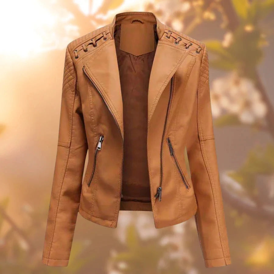 Women's Fitted Biker Jacket | Quilted Shoulders, Laced Detail, Asymmetric Zip 5