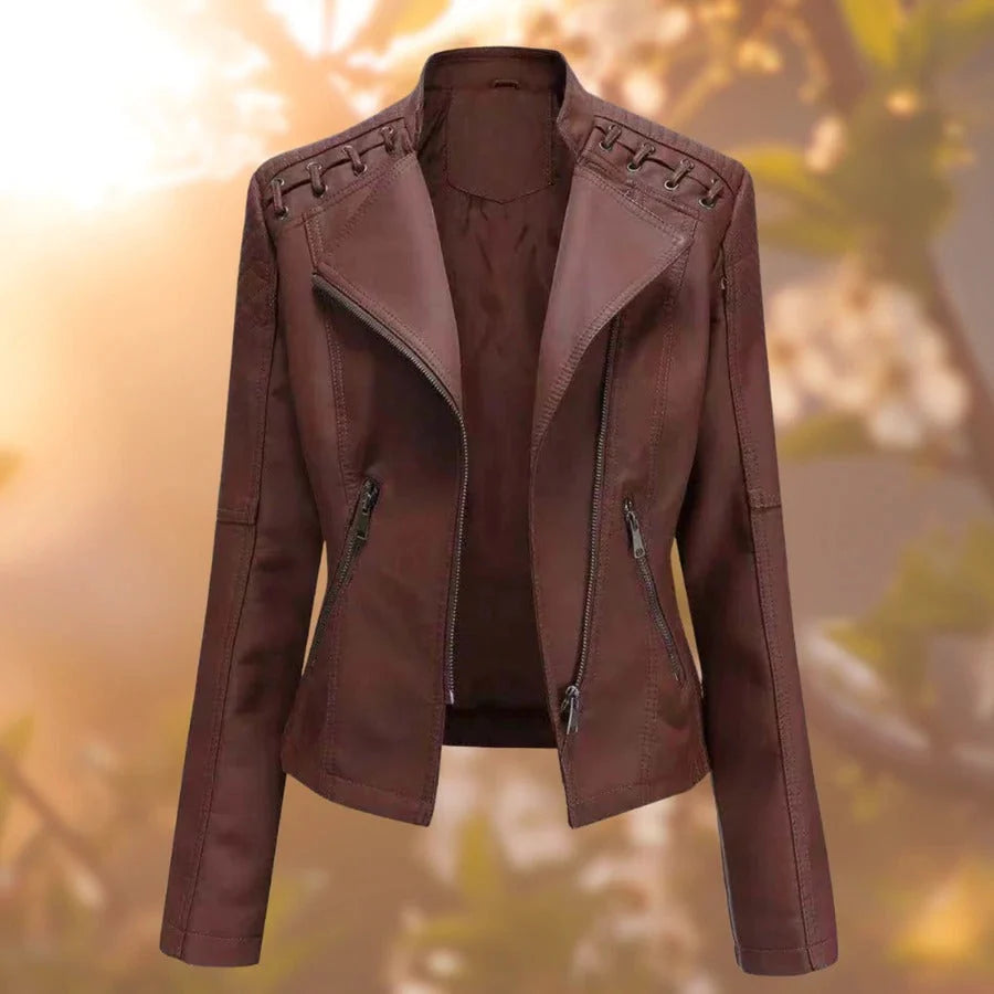 Women's Fitted Biker Jacket | Quilted Shoulders, Laced Detail, Asymmetric Zip 6