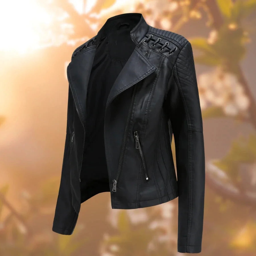 Women's Fitted Biker Jacket | Quilted Shoulders, Laced Detail, Asymmetric Zip 7