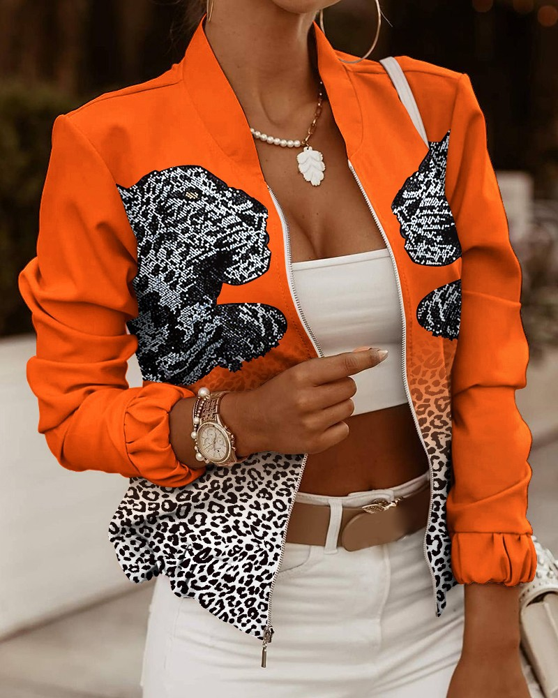 Women's Fitted Bomber Jacket | Floral Print, Zip-Up Front, Ribbed Trim 1