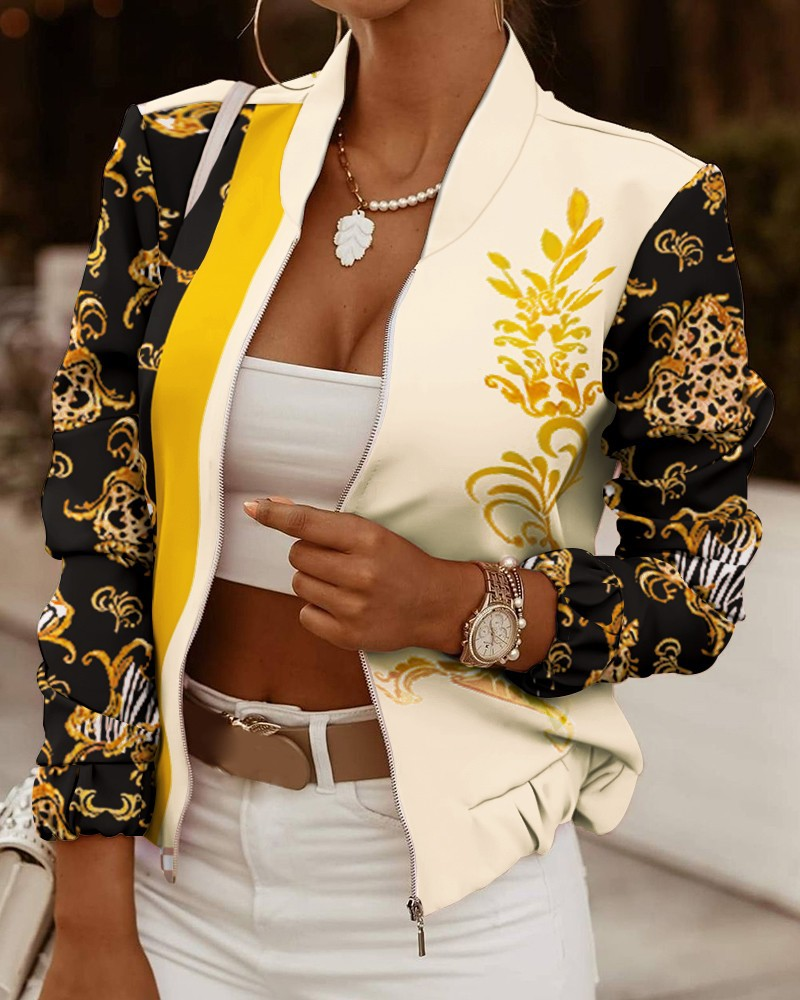 Women's Fitted Bomber Jacket | Floral Print, Zip-Up Front, Ribbed Trim 3