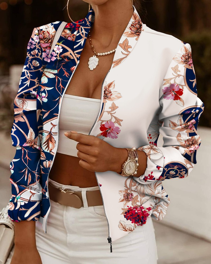 Women's Fitted Bomber Jacket | Floral Print, Zip-Up Front, Ribbed Trim 5