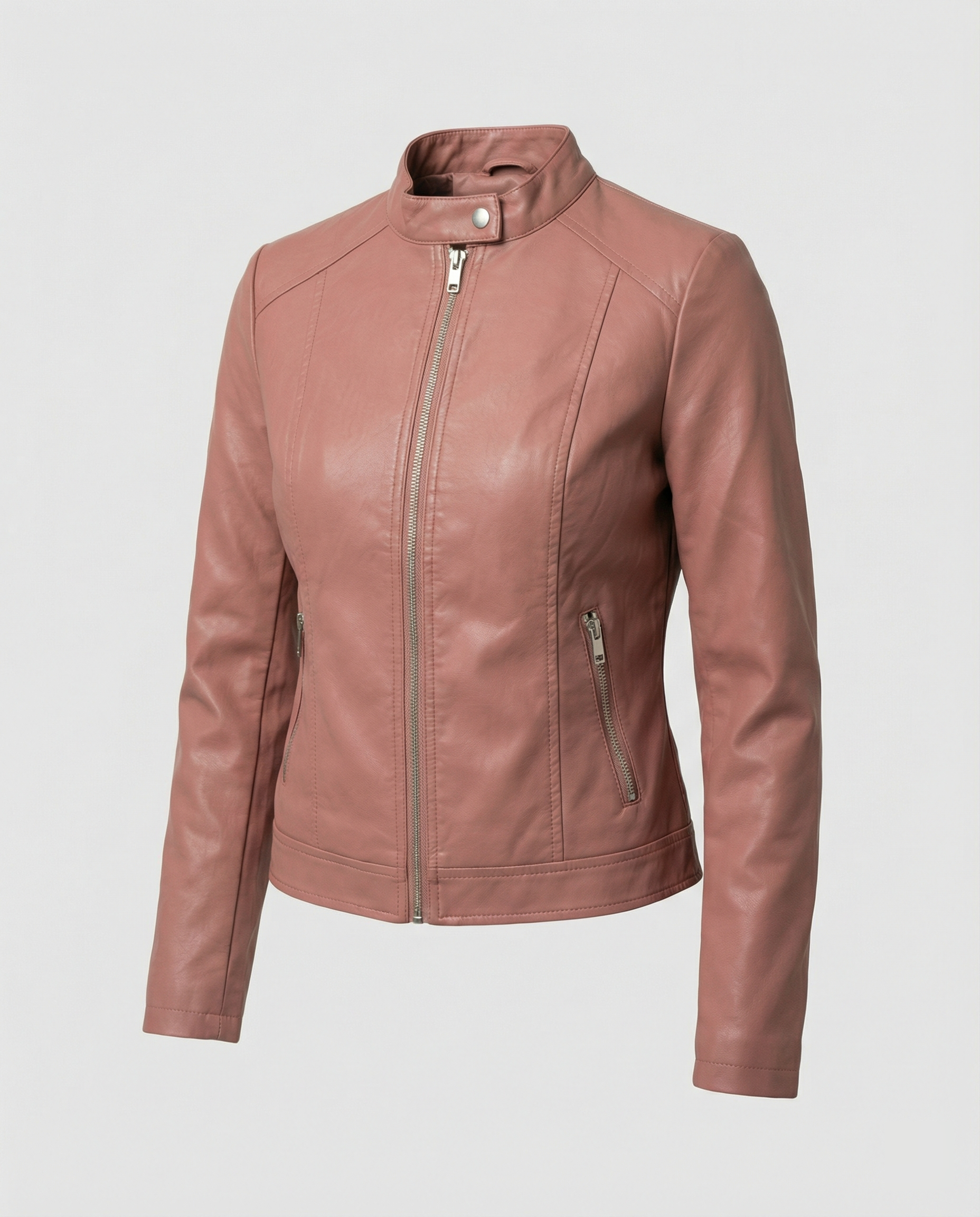 Women's Fitted Leather Jacket | Band Collar, Zip Front, Cropped Length 0