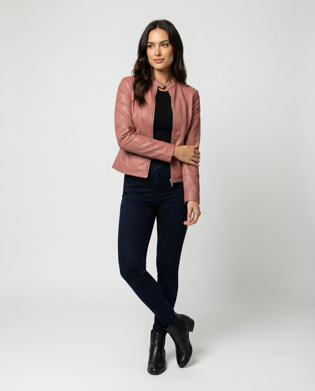 Women's Fitted Leather Jacket | Band Collar, Zip Front, Cropped Length 1