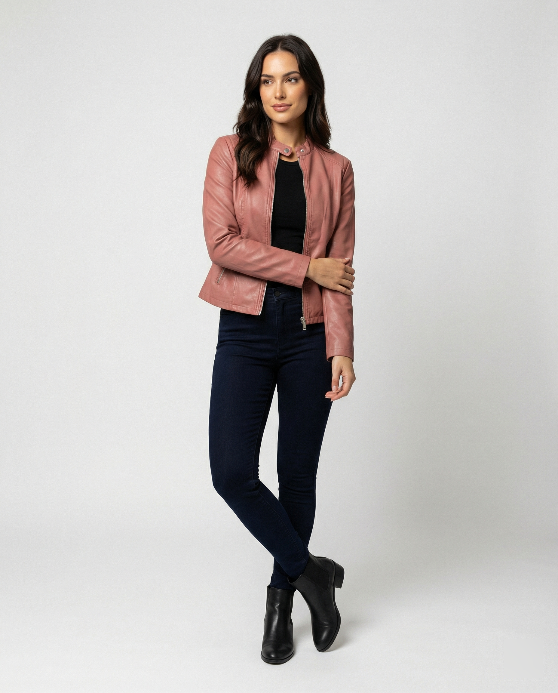 Women's Fitted Leather Jacket | Band Collar, Zip Front, Cropped Length 1