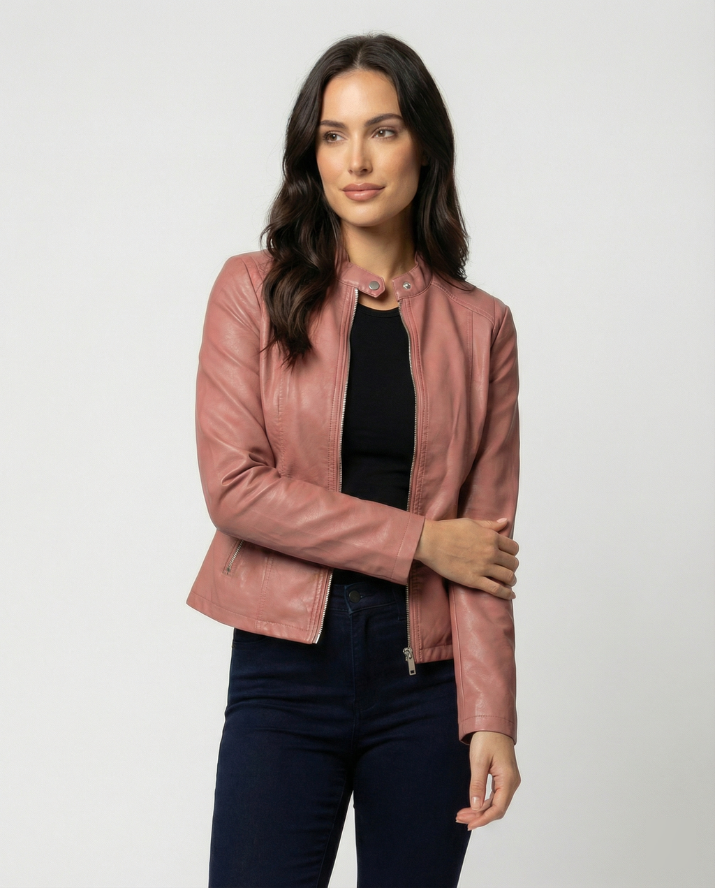 Women's Fitted Leather Jacket | Band Collar, Zip Front, Cropped Length 2