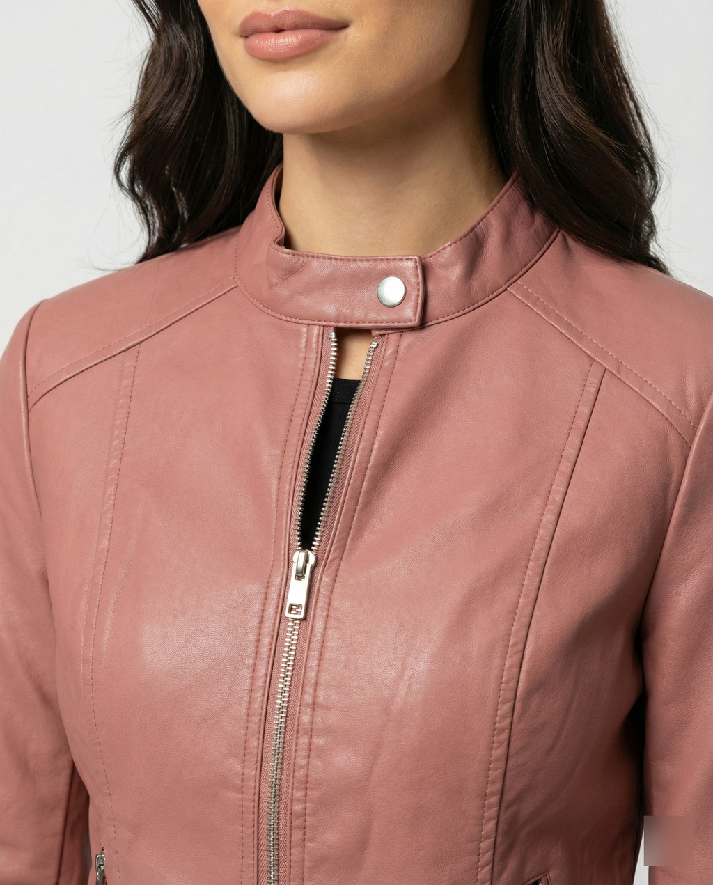 Women's Fitted Leather Jacket | Band Collar, Zip Front, Cropped Length 3