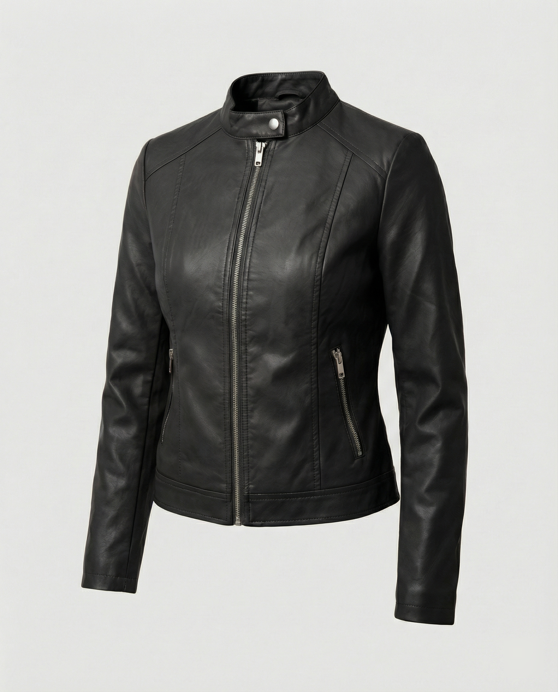 Women's Fitted Leather Jacket | Band Collar, Zip Front, Cropped Length 5