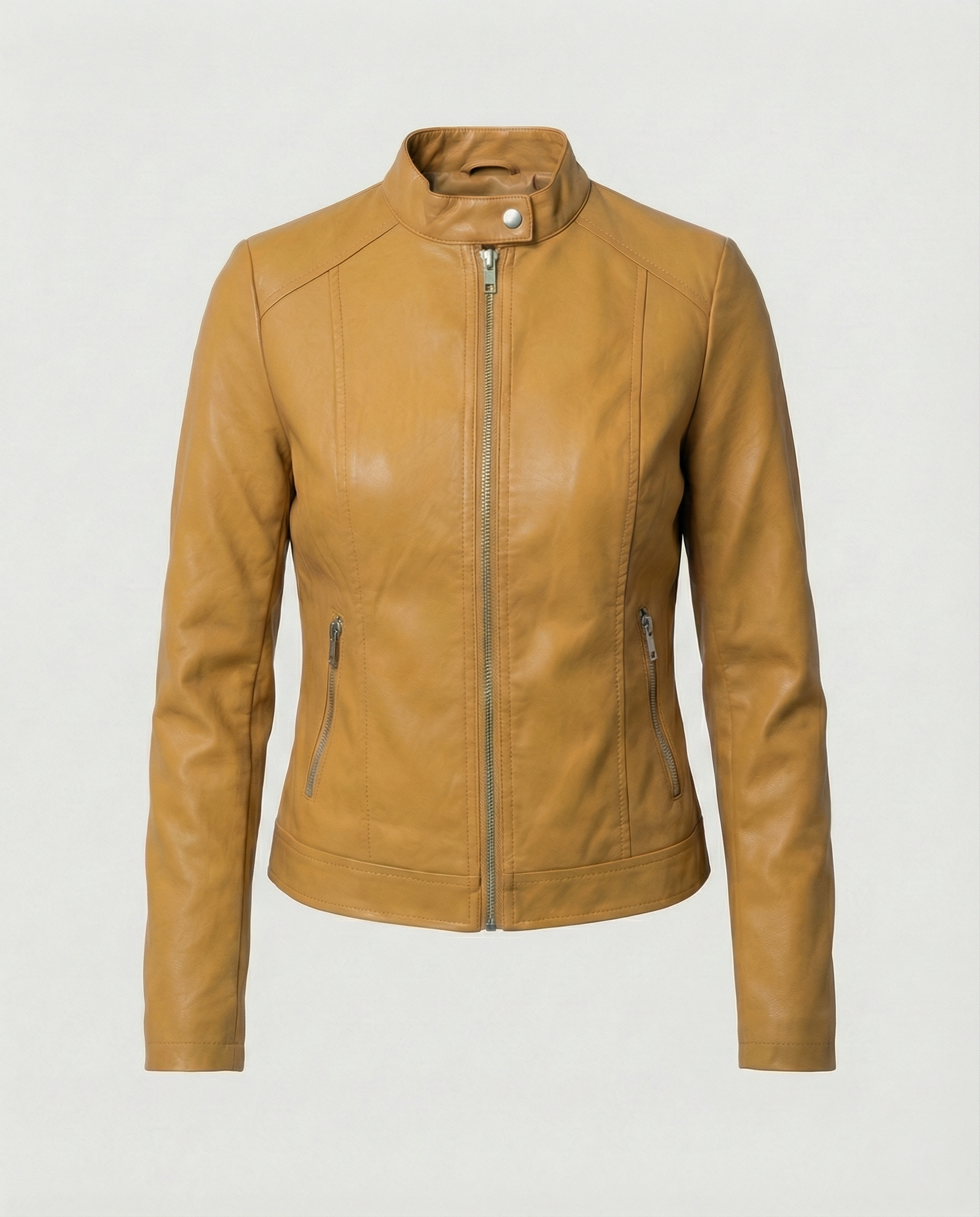 Women's Fitted Leather Jacket | Band Collar, Zip Front, Cropped Length 7