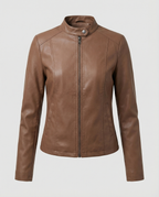 Women's Fitted Leather Jacket | Band Collar, Zip Front, Cropped Length 8