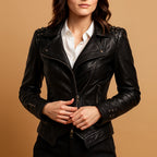 Women's Fitted Leather Jacket | Pyramid Studs, Asymmetric Zip, Short Hem 1