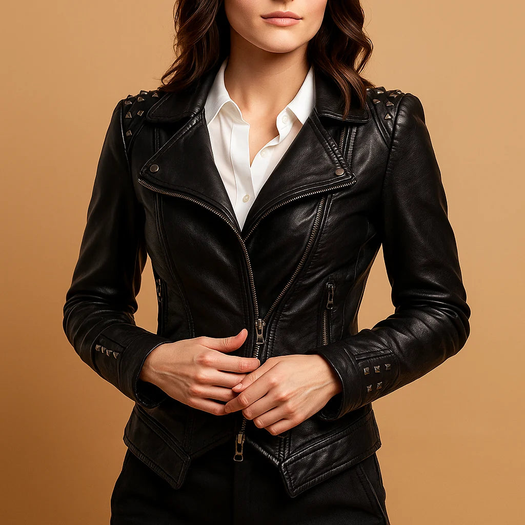 Women's Fitted Leather Jacket | Pyramid Studs, Asymmetric Zip, Short Hem 1
