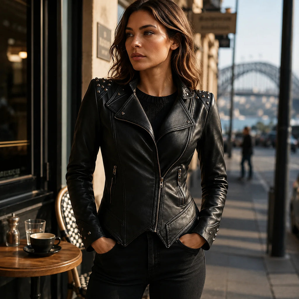 Women's Fitted Leather Jacket | Pyramid Studs, Asymmetric Zip, Short Hem 4