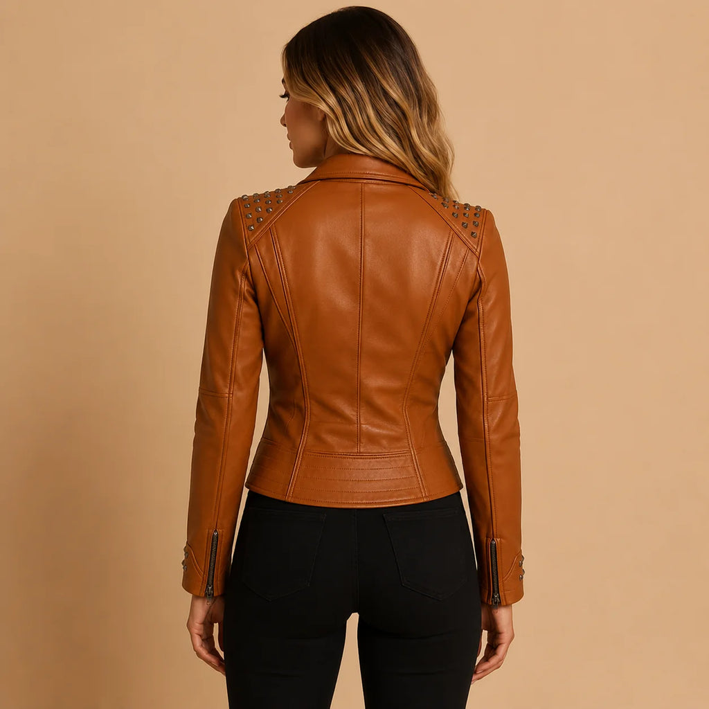 Women's Fitted Leather Jacket | Pyramid Studs, Asymmetric Zip, Short Hem 6