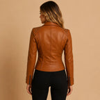 Women's Fitted Leather Jacket | Pyramid Studs, Asymmetric Zip, Short Hem 6