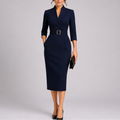 Women's Formal Dress | Elegant Fitted Midi with V-Neck and Waist Belt 0