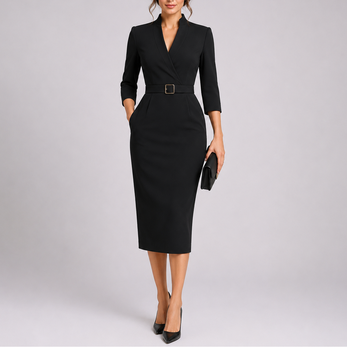 Women's Formal Dress | Elegant Fitted Midi with V-Neck and Waist Belt 2