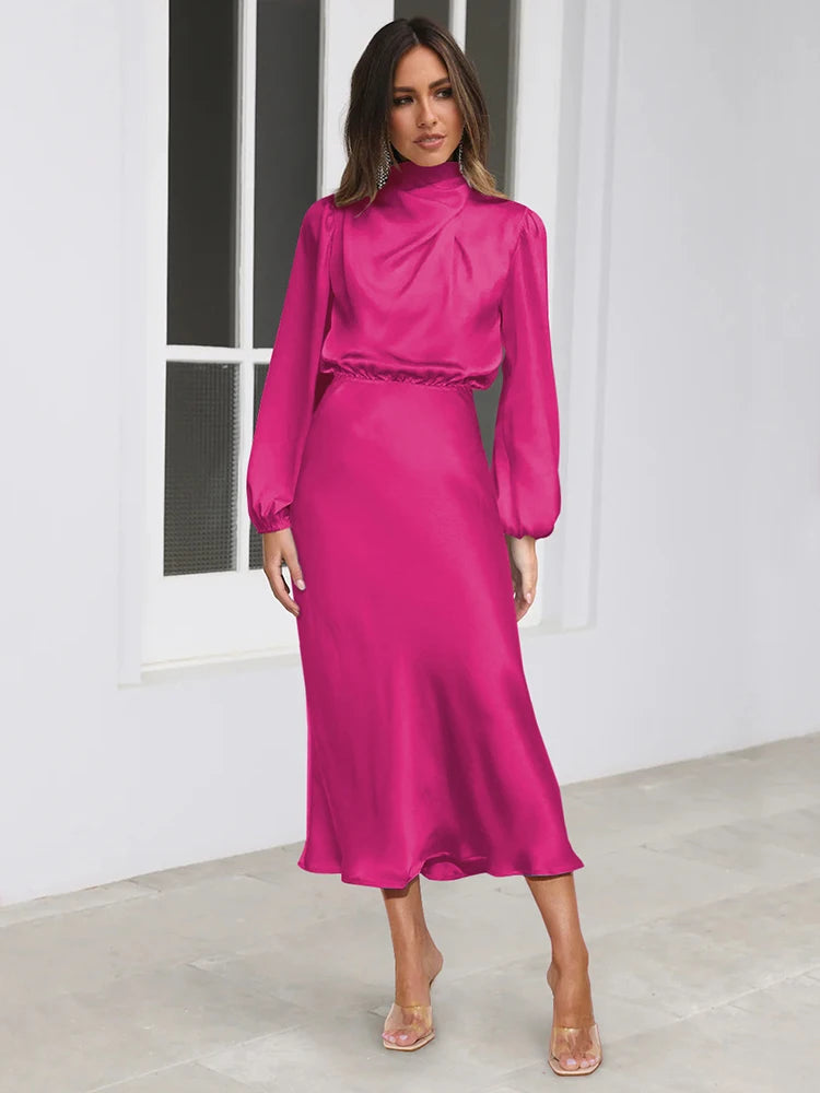 Women's Formal Dress | Elegant Long Sleeve Satin Cocktail Dress 8