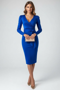Women's Formal Dress | Long Sleeve Wrap Midi, Belted Waist 0