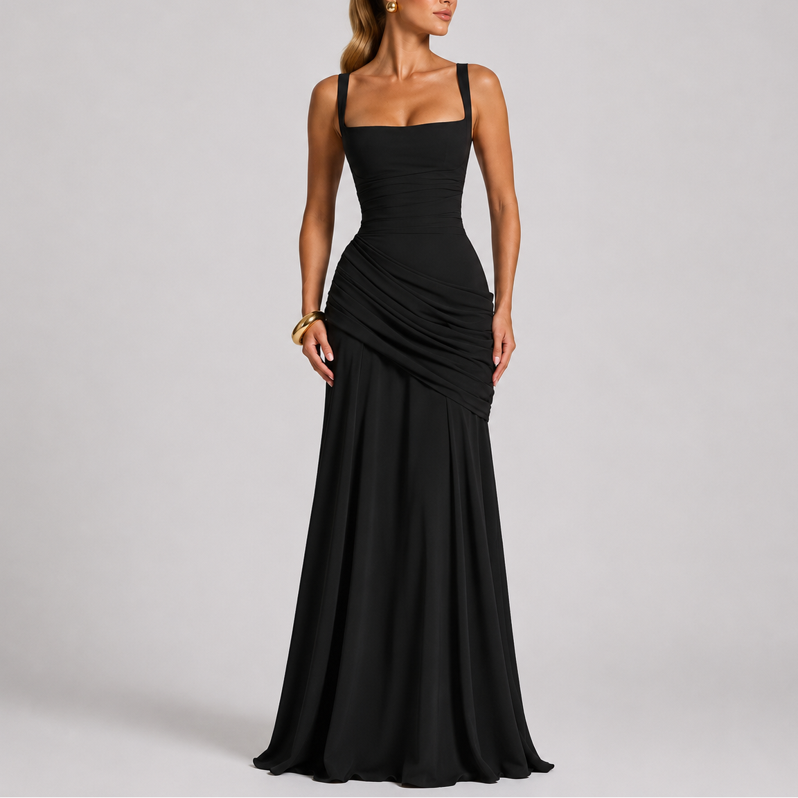 Women's Formal Maxi Dress | Ruched Waist, Square Neckline 0