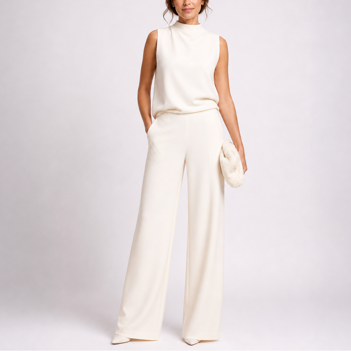 Women's Jumpsuit | Sleeveless High Neck, Wide-Leg Design in White 1