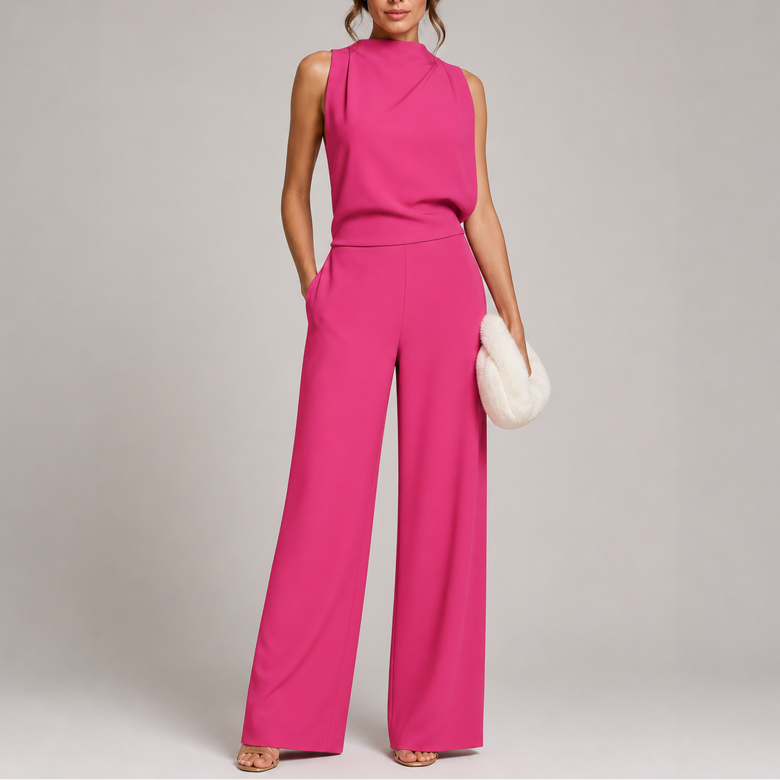 Women's Jumpsuit | Sleeveless High Neck, Wide-Leg Design in White 3