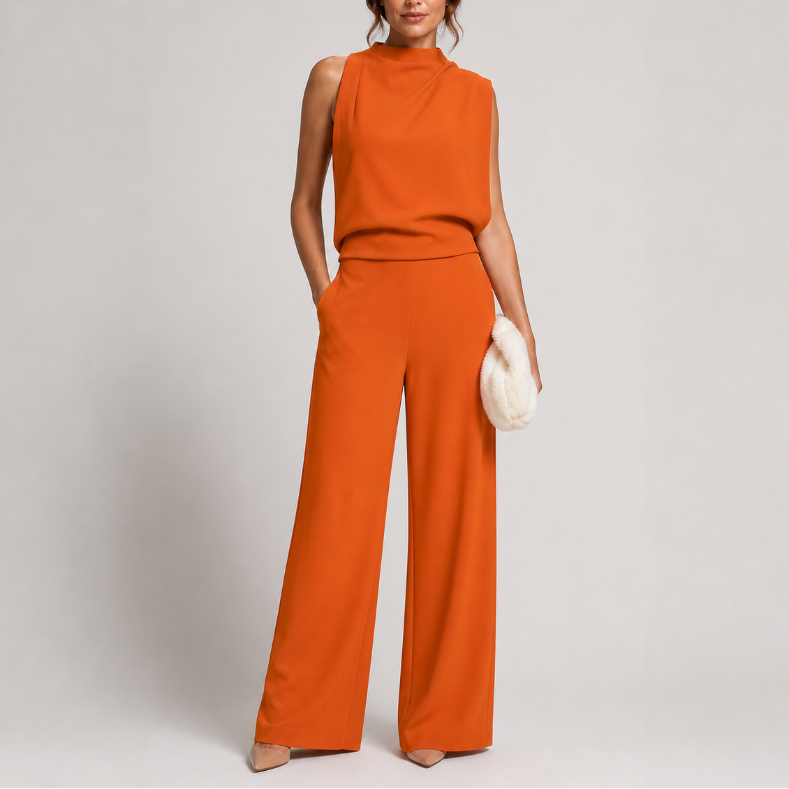 Women's Jumpsuit | Sleeveless High Neck, Wide-Leg Design in White 4