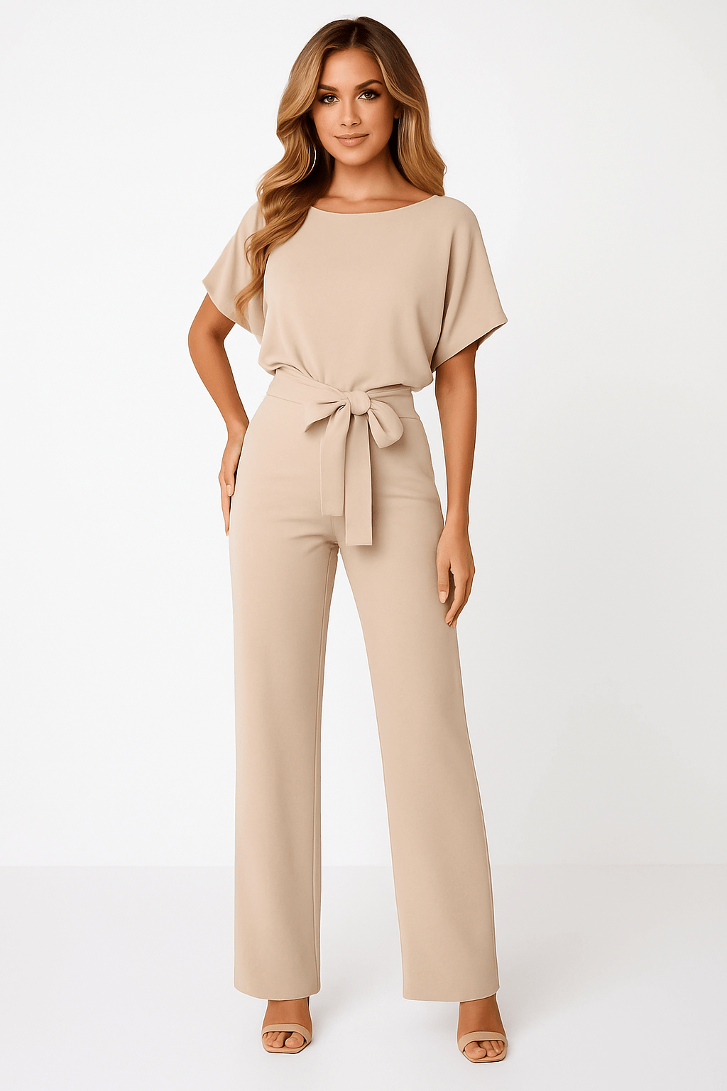 Women's Jumpsuit | Tie-Belt Wide-Leg, Short Sleeve, Casual Elegance 0