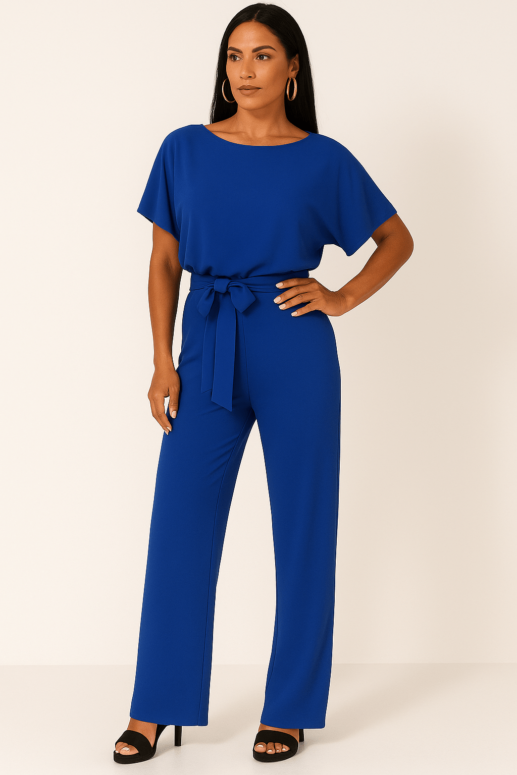 Women's Jumpsuit | Tie-Belt Wide-Leg, Short Sleeve, Casual Elegance 2